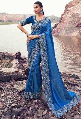royal blue satin silk blend blend jacquard woven with embroidered border saree with blouse 1