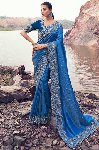 royal blue satin silk blend jacquard woven with embroidered border saree with blouse