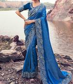 royal blue satin silk blend jacquard woven with embroidered border saree with blouse