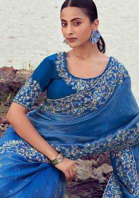royal blue satin silk blend blend jacquard woven with embroidered border saree with blouse 2
