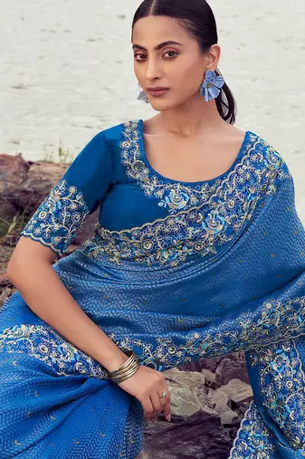 royal blue satin silk blend blend jacquard woven with embroidered border saree with blouse