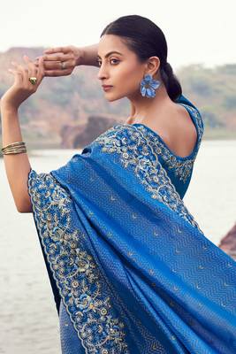 royal blue satin silk blend blend jacquard woven with embroidered border saree with blouse 3