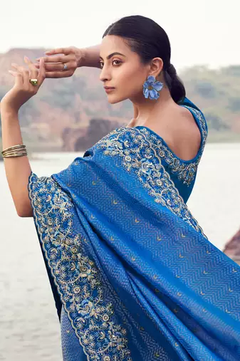 royal blue satin silk blend blend jacquard woven with embroidered border saree with blouse