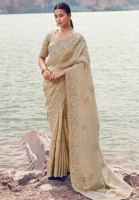 beige tissue silk blend blend heavy thread embroidered with sequins work saree with blouse 1