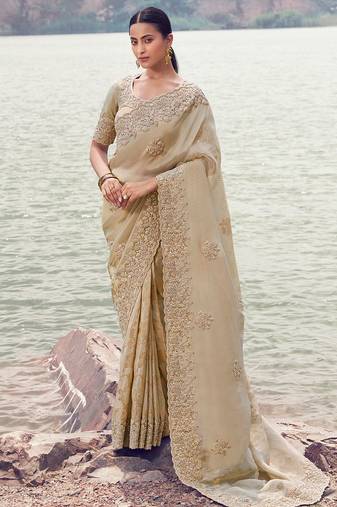 beige tissue silk blend heavy thread embroidered with sequins work saree with blouse