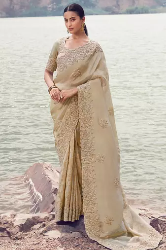 beige tissue silk blend heavy thread embroidered with sequins work saree with blouse