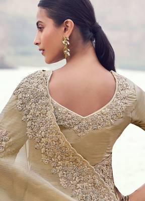 beige tissue silk blend blend heavy thread embroidered with sequins work saree with blouse 3