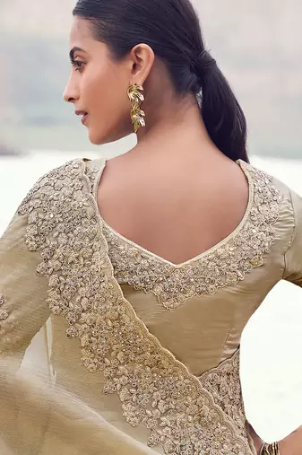 beige tissue silk blend blend heavy thread embroidered with sequins work saree with blouse