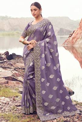 purple tissue silk blend blend jacquard woven with embroidered border saree with blouse 1