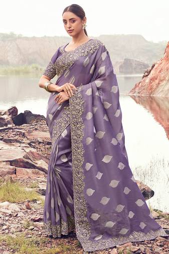 purple tissue silk blend jacquard woven with embroidered border saree with blouse
