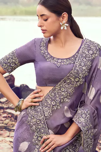 purple tissue silk blend blend jacquard woven with embroidered border saree with blouse