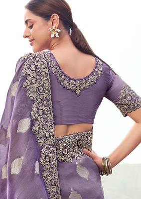 purple tissue silk blend blend jacquard woven with embroidered border saree with blouse 3
