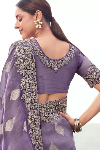 purple tissue silk blend blend jacquard woven with embroidered border saree with blouse