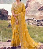 yellow tissue silk blend jacquard woven with embroidered border saree with blouse