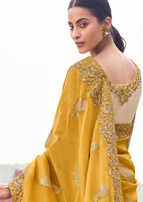 yellow tissue silk blend blend jacquard woven with embroidered border saree with blouse 3