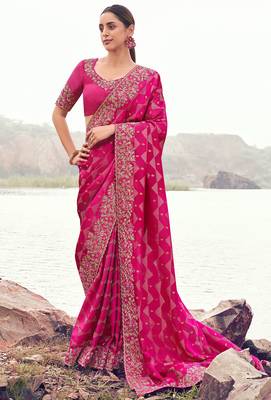 rani pink satin silk blend blend jacquard woven with embroidered border saree with blouse 1