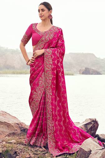 rani pink satin silk blend jacquard woven with embroidered border saree with blouse
