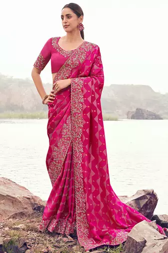 rani pink satin silk blend jacquard woven with embroidered border saree with blouse