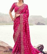 rani pink satin silk blend jacquard woven with embroidered border saree with blouse