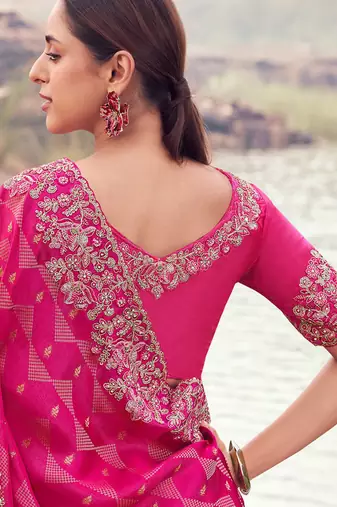 rani pink satin silk blend blend jacquard woven with embroidered border saree with blouse