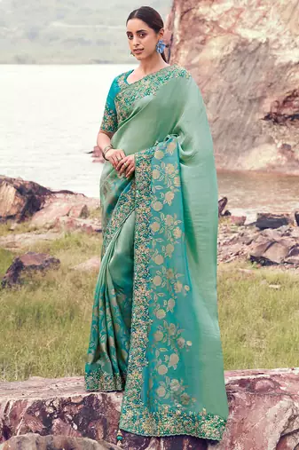 sea green & sky blue bagalpuri tissue silk blend jacquard woven with embroidered border saree with blouse