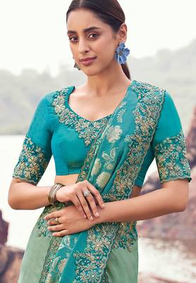 sea green & sky blue bagalpuri tissue silk blend blend jacquard woven with embroidered border saree with blouse 2