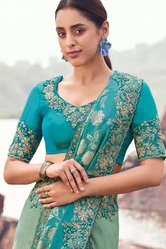 sea green & sky blue bagalpuri tissue silk blend blend jacquard woven with embroidered border saree with blouse