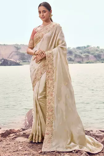 chiku satin silk blend fancy work saree with embroidered border saree with blouse