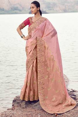 pink tissue silk blend blend & organza silk blend blend jacquard woven with embroidered border saree with blouse 1
