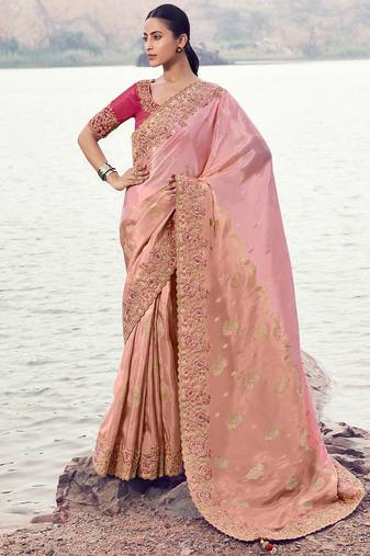 pink tissue silk blend & organza silk blend jacquard woven with embroidered border saree with blouse