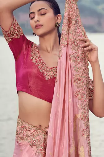 pink tissue silk blend blend & organza silk blend blend jacquard woven with embroidered border saree with blouse