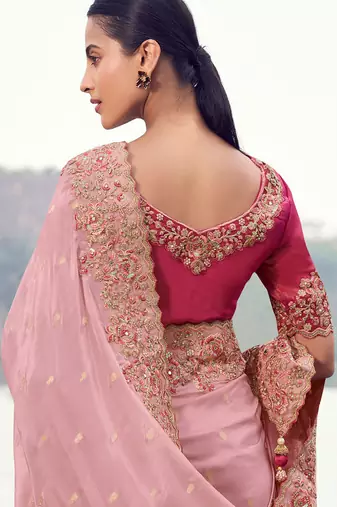 pink tissue silk blend blend & organza silk blend blend jacquard woven with embroidered border saree with blouse