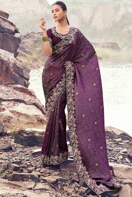wine satin silk blend blend jacquard woven with embroidered border saree with blouse 1