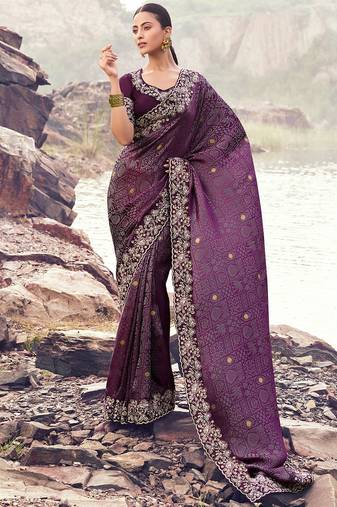 wine satin silk blend jacquard woven with embroidered border saree with blouse