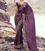 wine satin silk blend jacquard woven with embroidered border saree with blouse