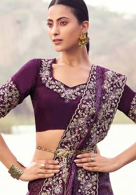 wine satin silk blend blend jacquard woven with embroidered border saree with blouse 2