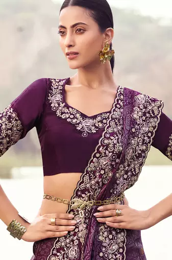 wine satin silk blend blend jacquard woven with embroidered border saree with blouse
