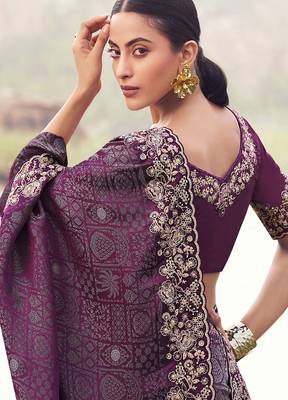 wine satin silk blend blend jacquard woven with embroidered border saree with blouse 3