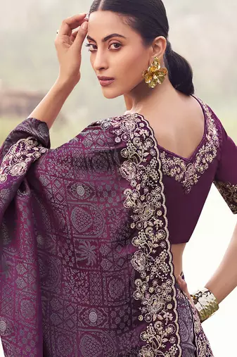 wine satin silk blend blend jacquard woven with embroidered border saree with blouse
