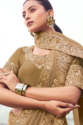 chiku silk blend blend heavy thread embroidered with sequins work saree with blouse 2