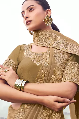 chiku silk blend blend heavy thread embroidered with sequins work saree with blouse