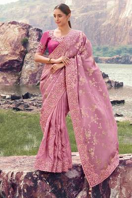 onion pink tissue silk blend blend jacquard woven with embroidered border saree with blouse 1