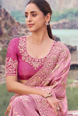 onion pink tissue silk blend blend jacquard woven with embroidered border saree with blouse 2