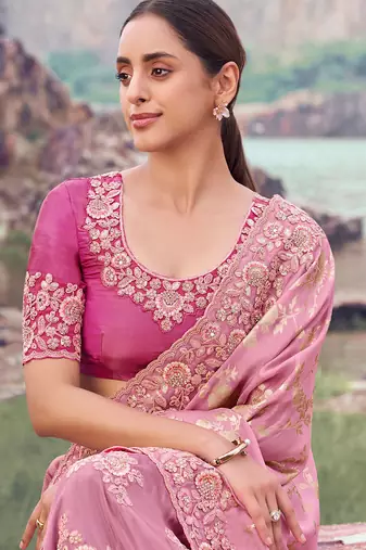 onion pink tissue silk blend blend jacquard woven with embroidered border saree with blouse