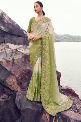 cream & green tissue silk blend blend jacquard woven with embroidered border saree with blouse 1