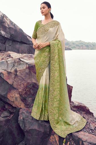 cream & green tissue silk blend jacquard woven with embroidered border saree with blouse