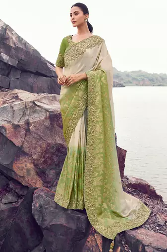 cream & green tissue silk blend jacquard woven with embroidered border saree with blouse