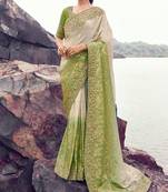 cream & green tissue silk blend jacquard woven with embroidered border saree with blouse