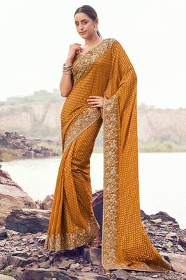 mustard satin silk blend blend jacquard woven with embroidered border saree with blouse 1