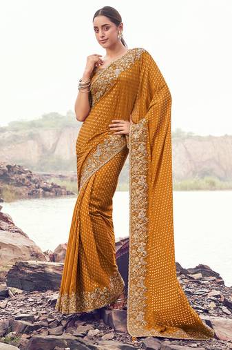 mustard satin silk blend jacquard woven with embroidered border saree with blouse